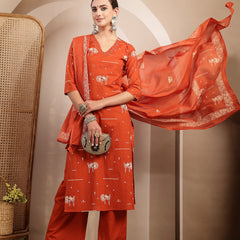 Gulmohar Jaipur Rayon Calf Length Printed 3/4 Sleeves V-Neck Straight Kurta Suit Set