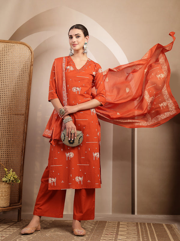 Gulmohar Jaipur Rayon Calf Length Printed 3/4 Sleeves V-Neck Straight Kurta Suit Set