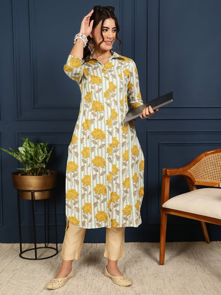 Mustard Cotton Flex Calf Length Printed Shirt Coller Straight Kurta