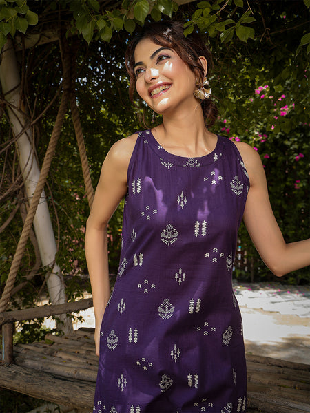 Gulmohar Jaipur Rayon Calf Length Printed Sleeveless Round Neck A-Line Kurta Suit Set