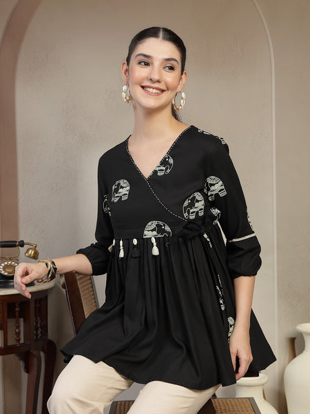 Gulmohar Jaipur Rayon Hip Length Printed 3/4 Sleeves V-Neck Flared Top