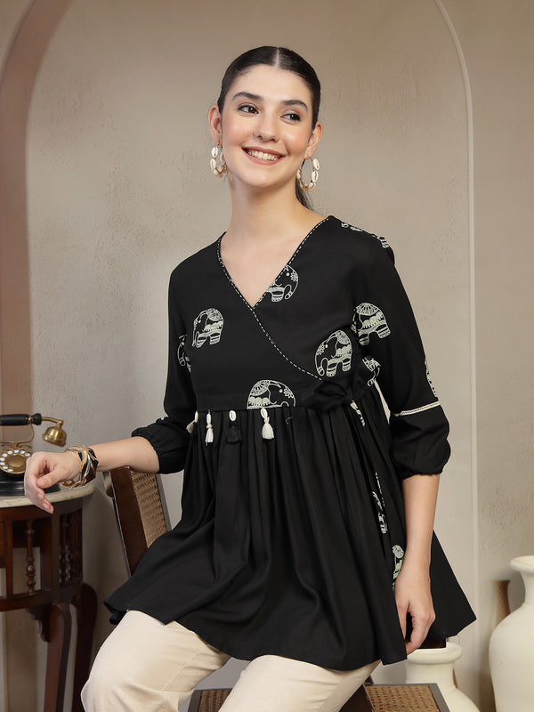 Gulmohar Jaipur Rayon Hip Length Printed 3/4 Sleeves V-Neck Flared Top