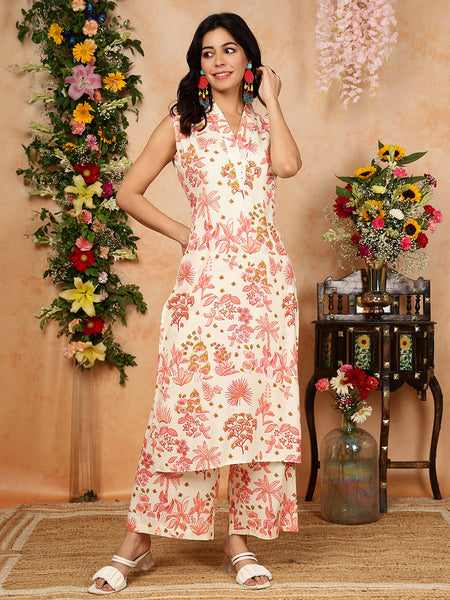 Peach Rayon Calf Length Printed Collared Straight Kurta Palazzo Set