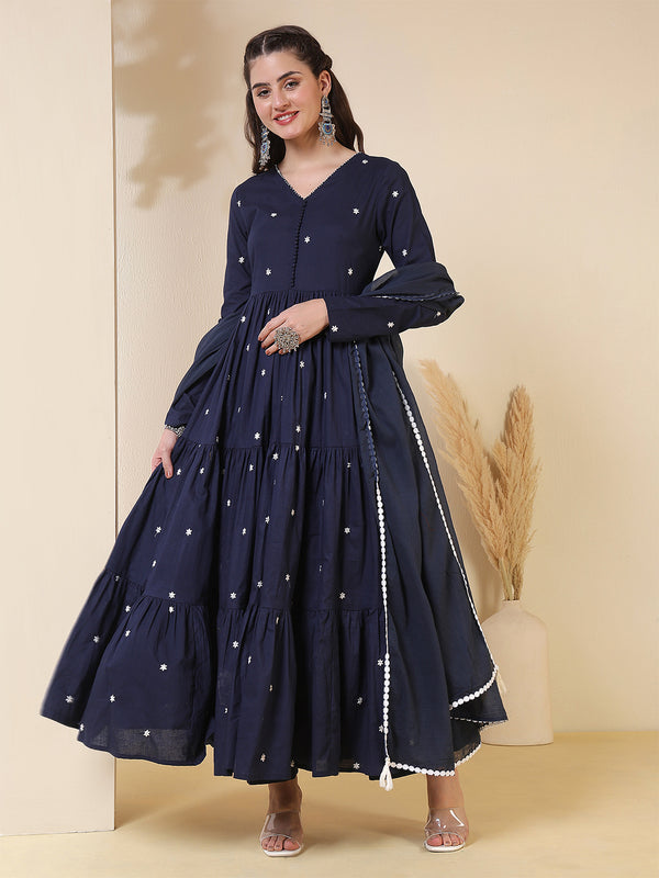 Cotton Ankle  Length Printed Full- Sleeves V-Neck Tired Kurta Suit Set
