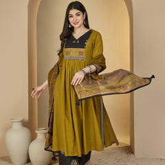 Gulmohar Jaipur Rayon Calf Length Solid 3/4 Sleeves V-Neck Flared Kurta Suit Set
