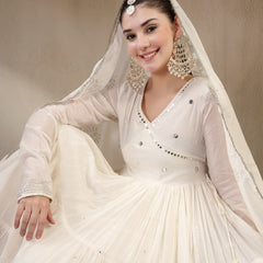 Gulmohar Jaipur Malmal Calf Length Solid Full Sleeves Anrakha Neck Anarkali Kurta Suit Set