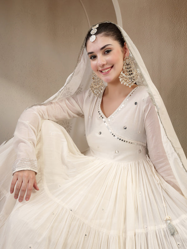 Gulmohar Jaipur Malmal Calf Length Solid Full Sleeves Anrakha Neck Anarkali Kurta Suit Set