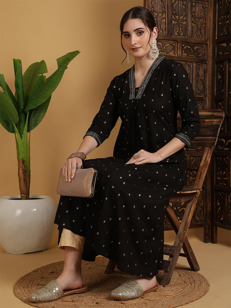 Black Rayon Calf Length Solid Semi-Flared V-Neck Kurta