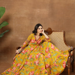 Cotton Ankle Length Printed 3/4 Sleeves V-Neck Flared Kurta