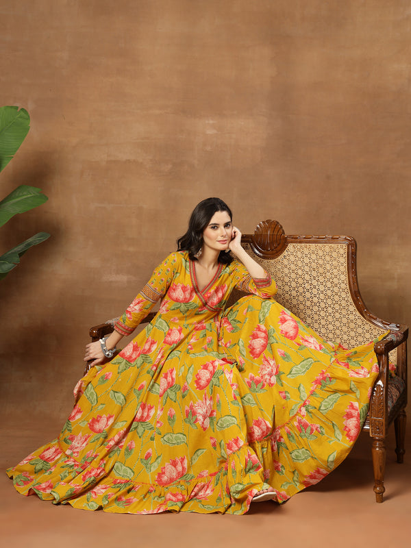 Cotton Ankle Length Printed 3/4 Sleeves V-Neck Flared Kurta