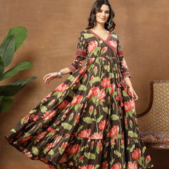 Cotton Ankle Length Printed 3/4 Sleeves V-Neck Flared Kurta