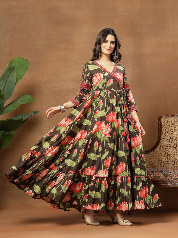Cotton Ankle Length Printed 3/4 Sleeves V-Neck Flared Kurta
