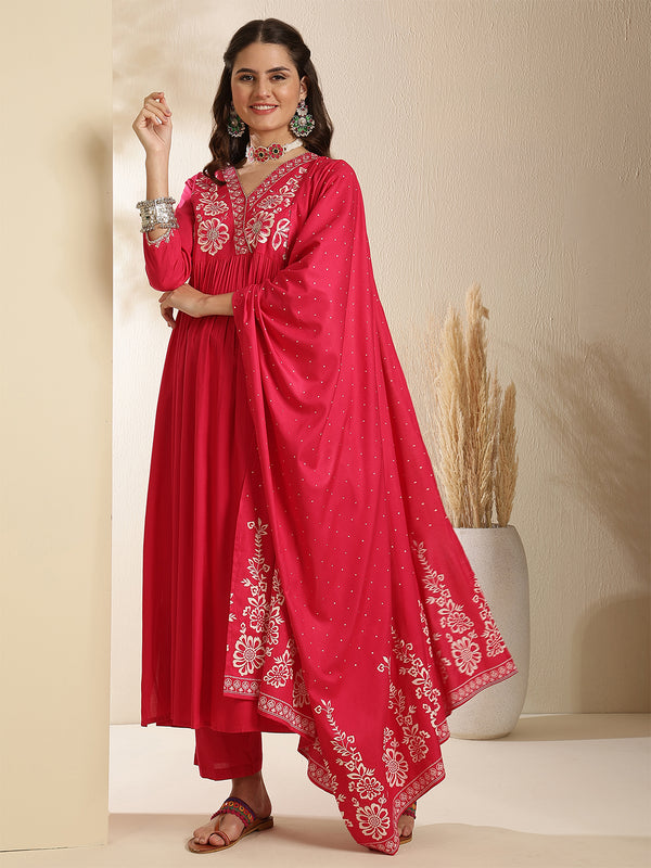 Coral Rayon Solid 3/4 Sleeves V-Neck Semi-Flared Kurta Suit Set