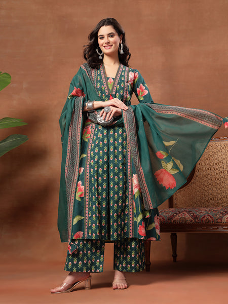Cotton Calf Length Printed 3/4 Sleeves V-Neck Flared Kurta Suit Set