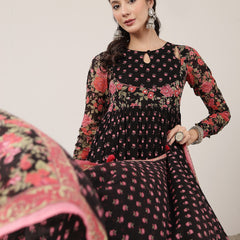 Malmal Calf Length Printed Full Sleeve Key Hole Neck Flared Kurta Suit Set