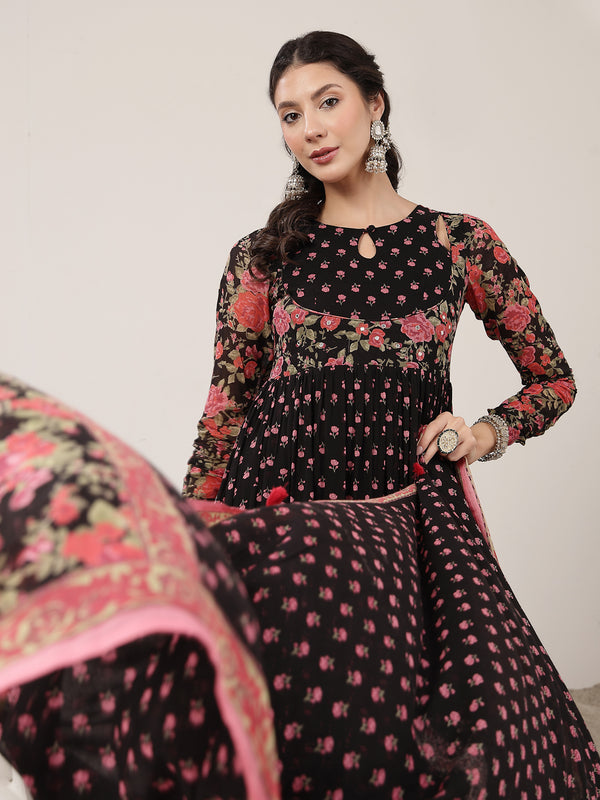 Malmal Calf Length Printed Full Sleeve Key Hole Neck Flared Kurta Suit Set