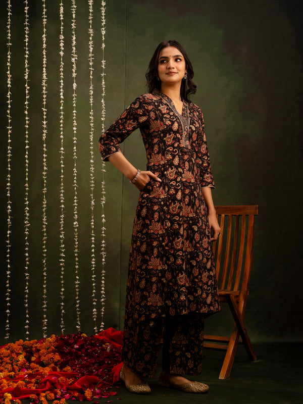 Black Cotton Calf Length Printed A-Line V-Neck Kurta Palazzo Set