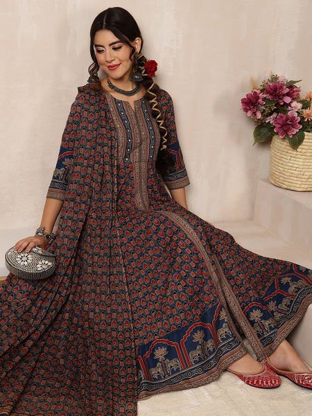 Blue Cotton Calf Length Printed Round Neck Anarkali Kurta Suit Set