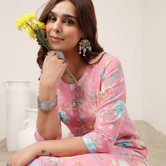 Cotton Calf Length Printed 3/4 Sleeve Round Neck Straight Kurta