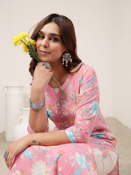 Cotton Calf Length Printed 3/4 Sleeve Round Neck Straight Kurta