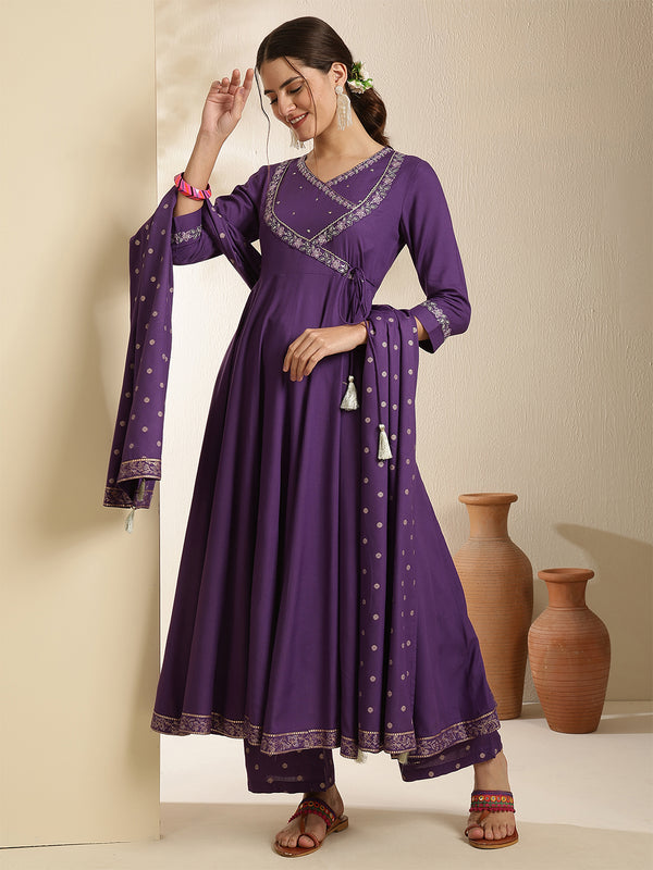 Maroon Rayon Solid 3/4 Sleeves V-Neck Anarkali Kurta Suit Set