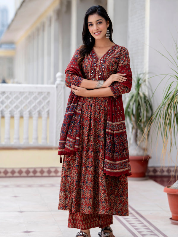 Maroon Cotton Calf Length Printed V-Neck Anarkali Kurta Suit Set