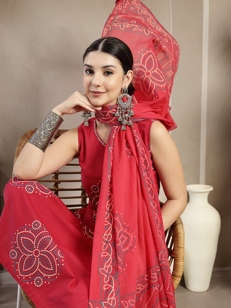 Gulmohar Jaipur Cotton Calf Length Printed Sleeveless Round Neck Straight Kurta Suit Set