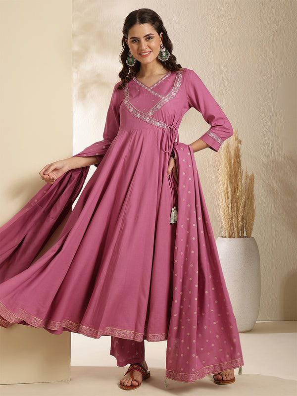 Maroon Rayon Solid 3/4 Sleeves V-Neck Anarkali Kurta Suit Set
