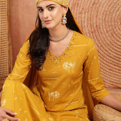 Gulmohar Jaipur Rayon Calf Length Printed 3/4 Sleeves V-Neck Straight Kurta Suit Set
