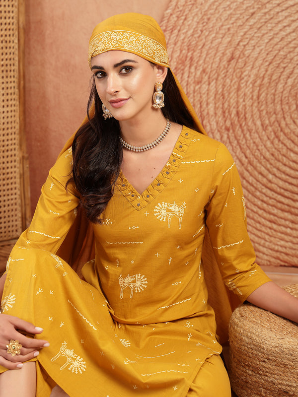 Gulmohar Jaipur Rayon Calf Length Printed 3/4 Sleeves V-Neck Straight Kurta Suit Set