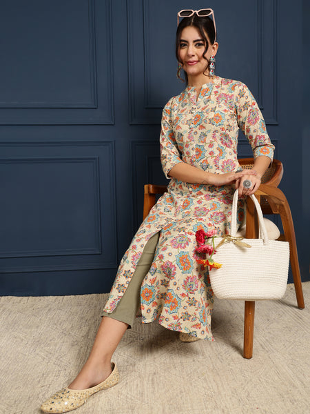 Blue Cotton Flex Calf Length Printed Mandarin Coller A-Line Kurta