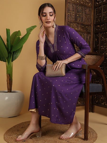 Purple Rayon Calf Length Solid Semi-Flared V-Neck Kurta