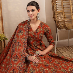 Gulmohar Jaipur Cotton Calf Length Printed 3/4 Sleeves V-Neck Anarkali Kurta Suit Set