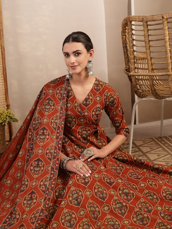 Gulmohar Jaipur Cotton Calf Length Printed 3/4 Sleeves V-Neck Anarkali Kurta Suit Set