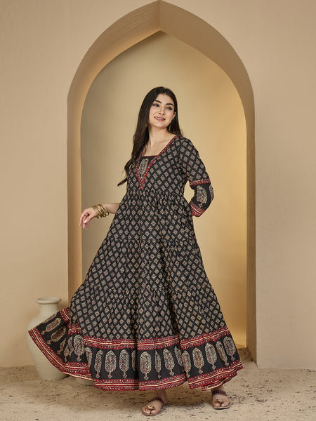 Gulmohar Jaipur Cotton Ankle Length Printed 3/4 Sleeves V-Neck Anarkali Kurta