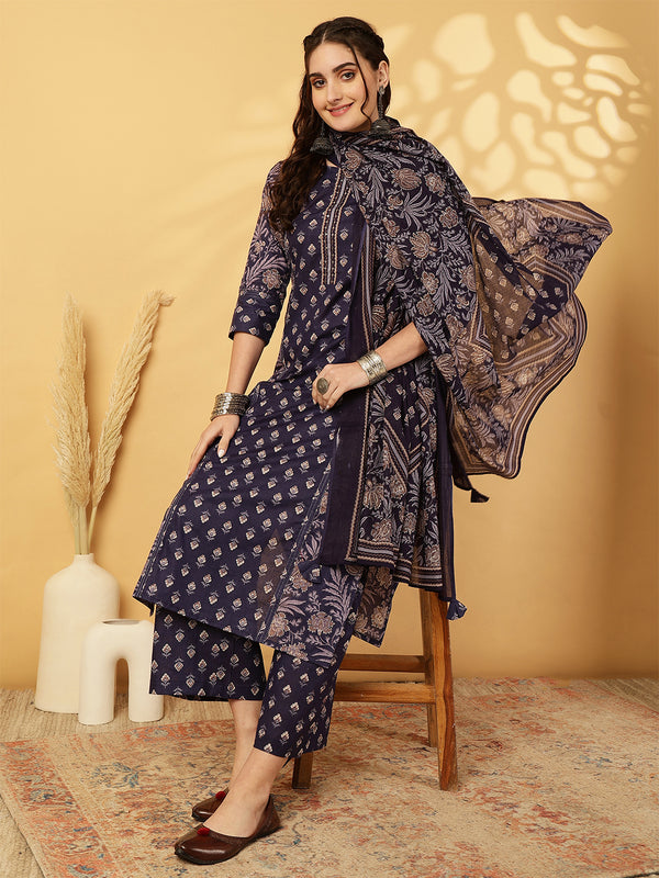 Calf Length Printed Straight 3/4 Sleeves Round Neck Kurta Bottom Dupatta Set