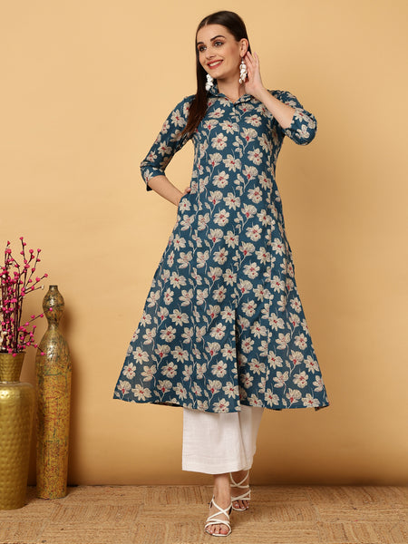 Blue Rayon Calf Length Floral A-Line Shirt Coller Kurta