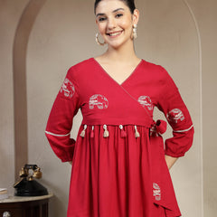 Gulmohar Jaipur Rayon Hip Length Printed 3/4 Sleeves V-Neck Flared Top