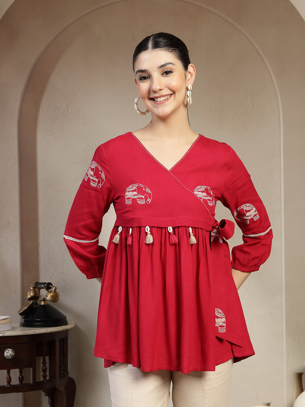 Gulmohar Jaipur Rayon Hip Length Printed 3/4 Sleeves V-Neck Flared Top
