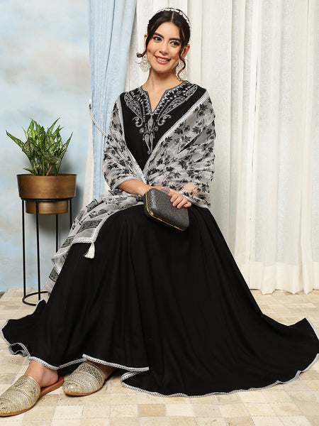 Black Rayon Calf Length Solid V-Neck Anarkali Kurta Suit Set