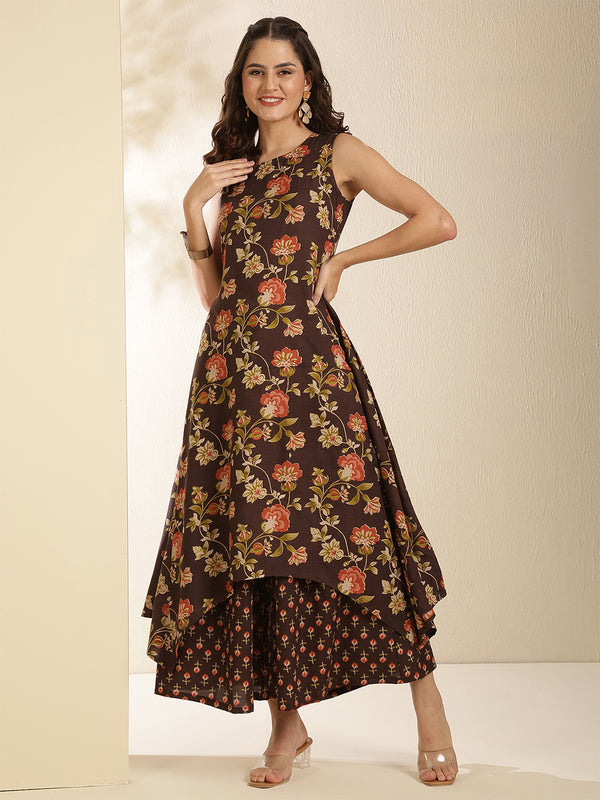 Brown Rayon Printed Sleeveless Round Neck Asymmetrical Kurta Bottom Set