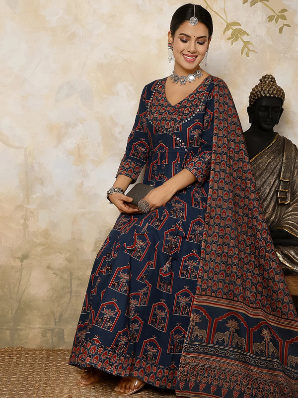 Cotton Calf Length Printed V-Neck Anarkali Kurta Suit Set