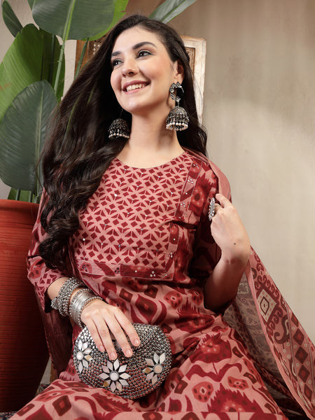 Gulmohar Jaipur Cotton Calf Length Printed 3/4 Sleeves Round Neck Straight Kurta Suit Set