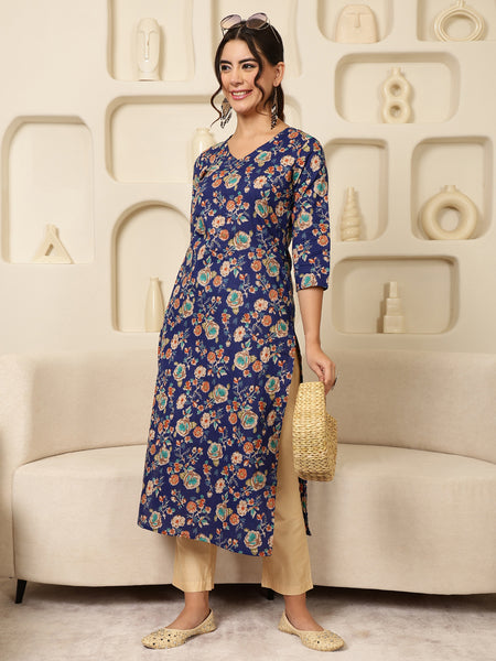 Blue Cotton Calf Length Printed V-Neck Straight Kurta