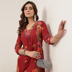 Rayon Calf Length Printed 3/4 Sleeve V-Neck Flared Kurta