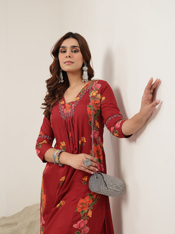 Rayon Calf Length Printed 3/4 Sleeve V-Neck Flared Kurta