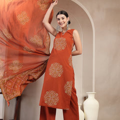 Gulmohar Jaipur Cotton Calf Length Printed Sleeveless Round Neck Straight Kurta Suit Set