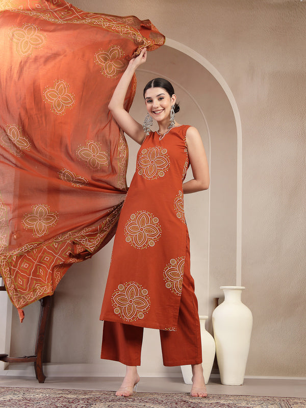 Gulmohar Jaipur Cotton Calf Length Printed Sleeveless Round Neck Straight Kurta Suit Set