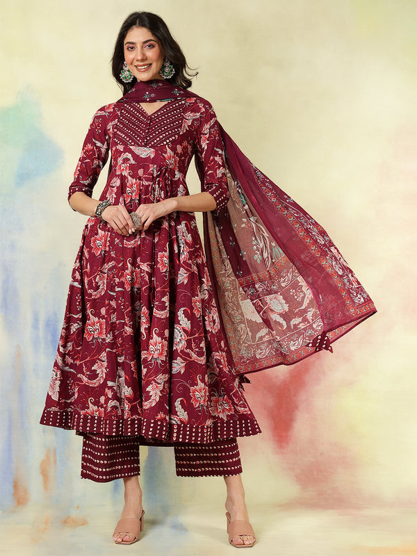 Maroon Pure Cotton Printed Hand-Work Anarkali Kurta Suit Set