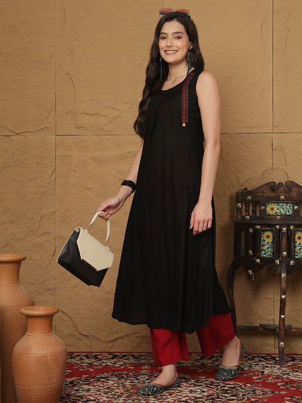 Black Rayon Calf Length Solid  Round Neck A-line Kurta